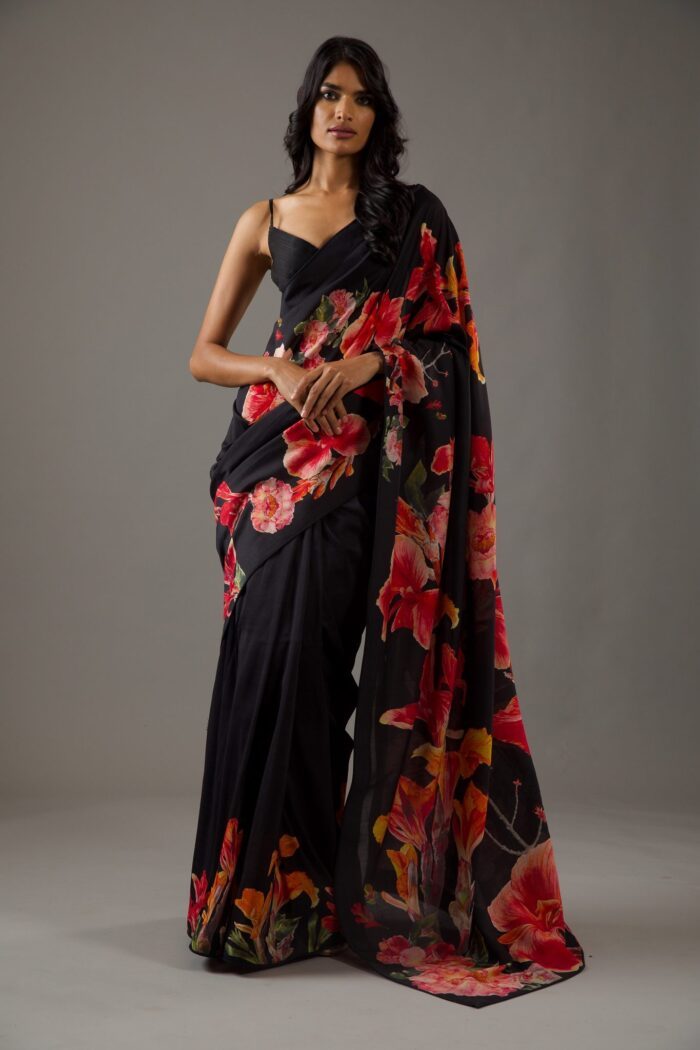 CLACK SILK CHANDERI SAREE WITH RED DIGITAL PRINT