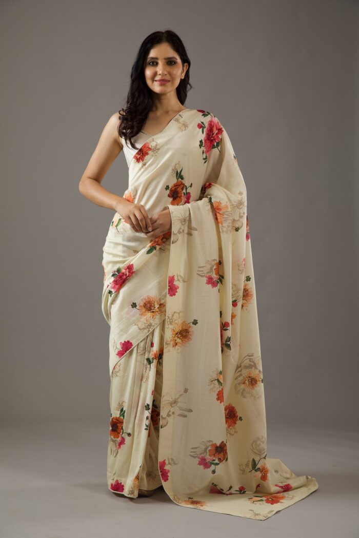 SILK CHANDERI SAREE WITH MULTICOLOUR  DIGITAL PRINT