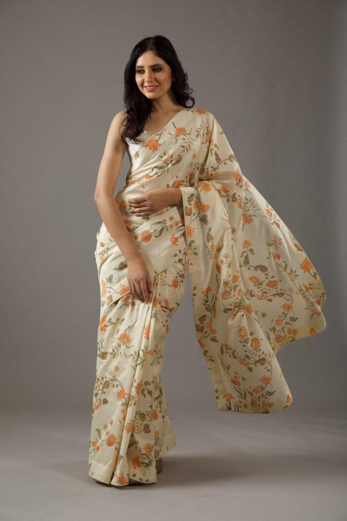 SILK CHANDERI SAREE WITH MULTICOLOUR  DIGITAL PRINT