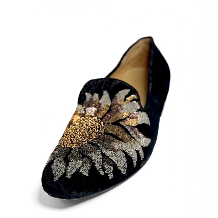 ROHIT BAL BLACK VELVET FLORAL SEQUENCE EMBRIODERY SHOES WITH LEATHER SOLE - Image 2