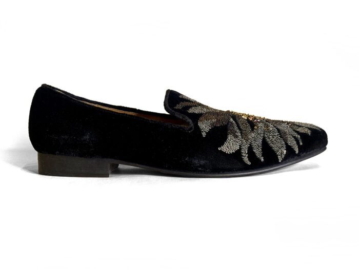 ROHIT BAL BLACK VELVET FLORAL SEQUENCE EMBRIODERY SHOES WITH LEATHER SOLE - Image 3