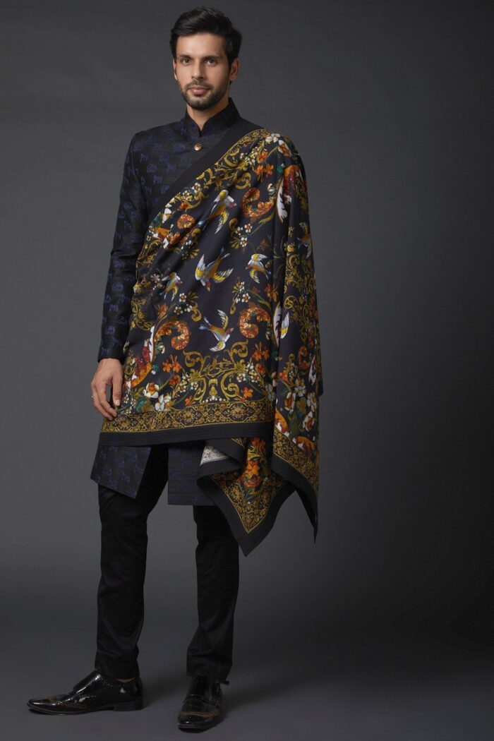 Featuring an indigo blue shawl in khadi base with digital print. This contains only one piece. - Image 2