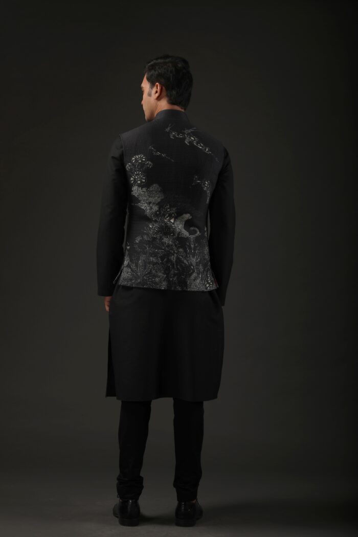 Black Shibori Printed Quilted Chanderi Nehru Jacket - Image 3