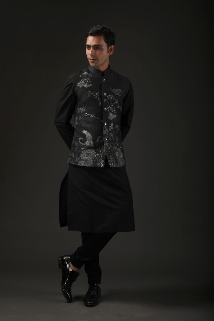 Black Shibori Printed Quilted Chanderi Nehru Jacket