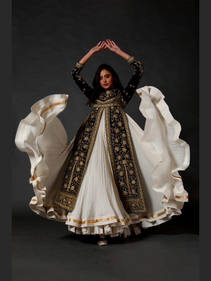 Black Silk Velvet Split Anarkali Set with Dupatta & Churidar - Image 2