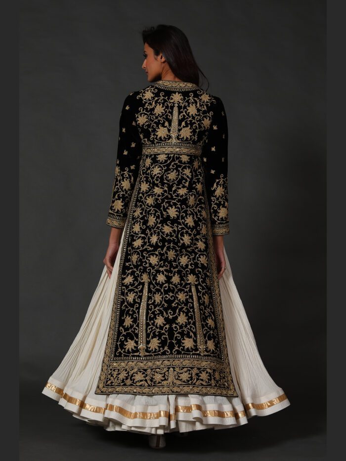 Black Silk Velvet Split Anarkali Set with Dupatta & Churidar - Image 3