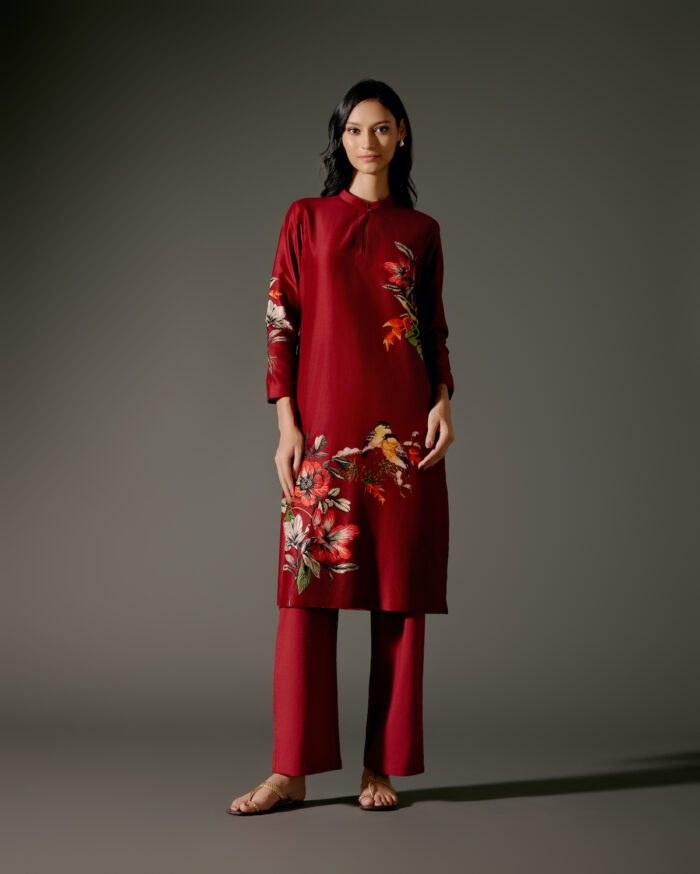 Chanderi Tunic Set with Abstract Print and Voile Pant