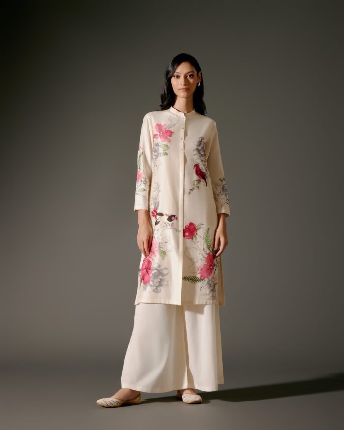 Chanderi Tunic Set with Abstract Print and Voile Pant