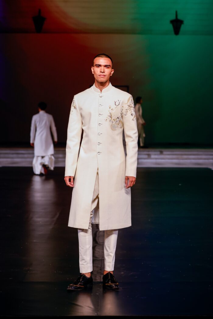 Ivory Matka Silk Sherwani with Embroidery for Men